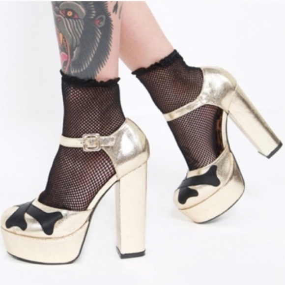 Iron Fist Gold and black cross bone block platform heels 7 - Picture 9 of 11